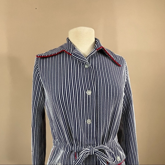 Vintage | Blue White Striped Long Sleeved Dress Red Piping - Picture 2 of 6